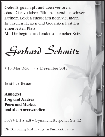 Anzeige von Gerhard Schmitz von Sonntags-Post
