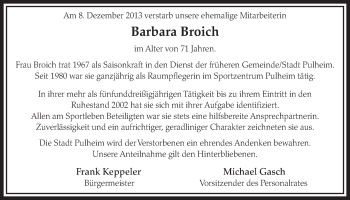 Anzeige von Barbara Broich von Sonntags-Post