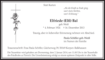 Anzeige von Elfriede Bal von Sonntags-Post