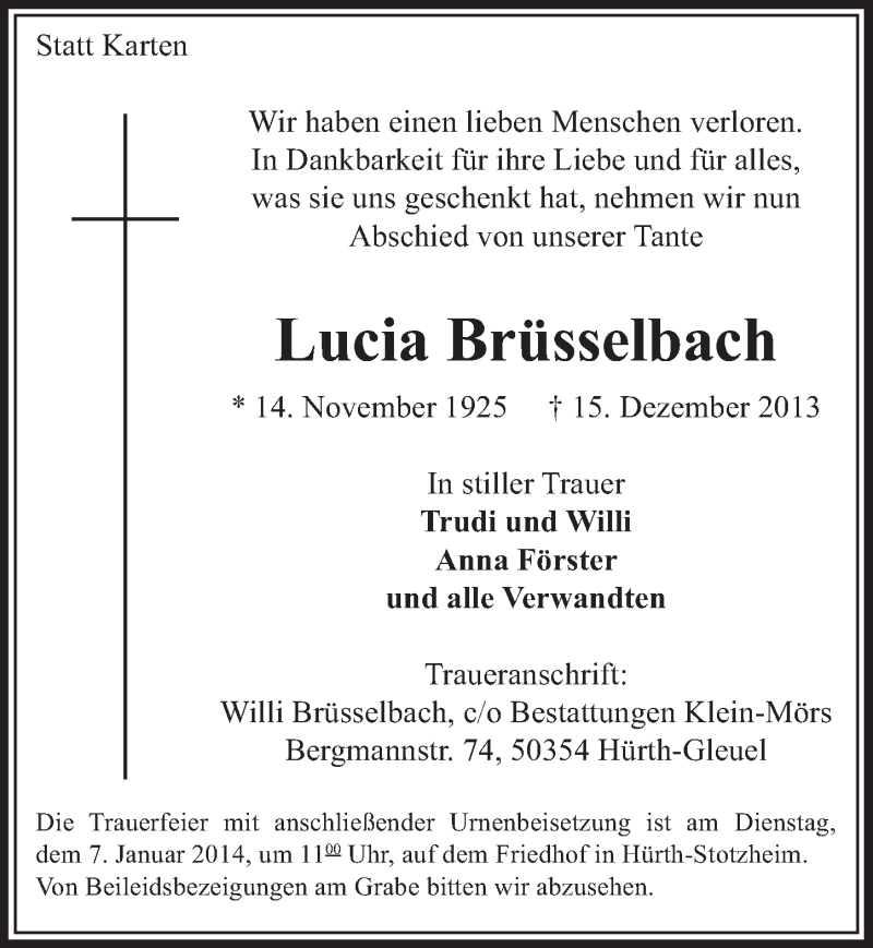  Traueranzeige für Lucia Brüsselbach vom 04.01.2014 aus Sonntags-Post