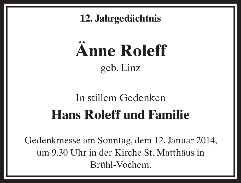  Traueranzeige für Änne Roleff vom 08.01.2014 aus  Schlossbote/Werbekurier 