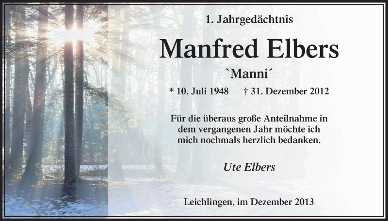  Traueranzeige für Manfred Elbers vom 31.12.2013 aus Lokale Informationen 