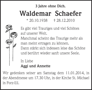 Anzeige von Waldemar Schaefer von Kölner Wochenspiegel 