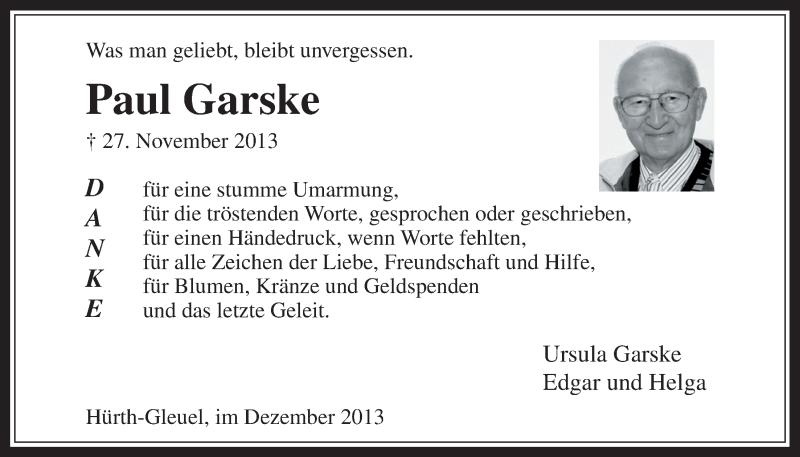  Traueranzeige für Paul Garske vom 24.12.2013 aus Wochenende 