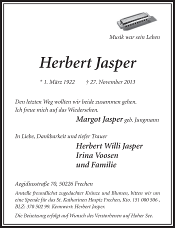 Anzeige von Herbert Jasper von Sonntags-Post