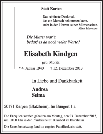 Anzeige von Elisabeth Kindgen von Sonntags-Post