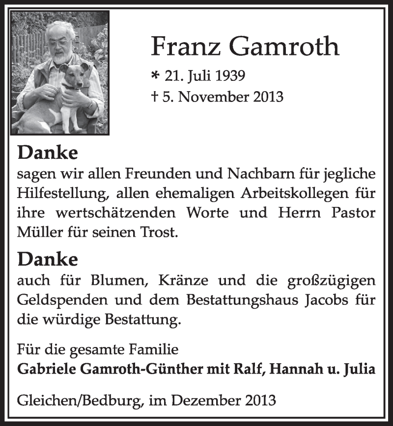 Traueranzeige für Franz Gamroth vom 21.12.2013 aus Sonntags-Post