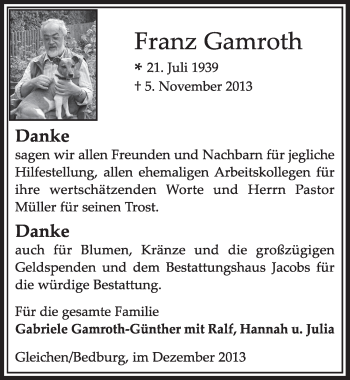 Anzeige von Franz Gamroth von Sonntags-Post