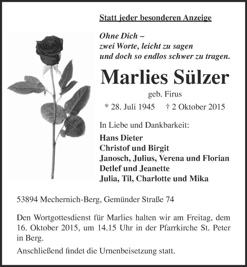  Traueranzeige für Marlies Sülzer vom 07.10.2015 aus  Schlossbote/Werbekurier 