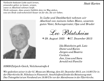 Anzeige von Leo Blatzheim von Blickpunkt Euskirchen 