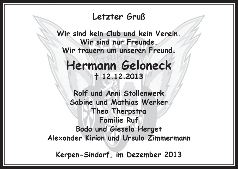  Traueranzeige für Hermann Geloneck vom 24.12.2013 aus Werbepost 