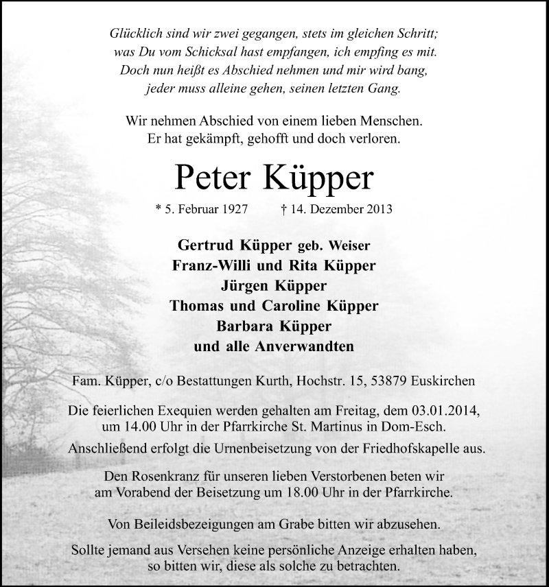  Traueranzeige für Peter Küpper vom 29.12.2013 aus Blickpunkt Euskirchen 
