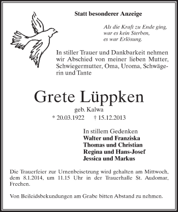 Anzeige von Grete Lüppken von Wochenende 