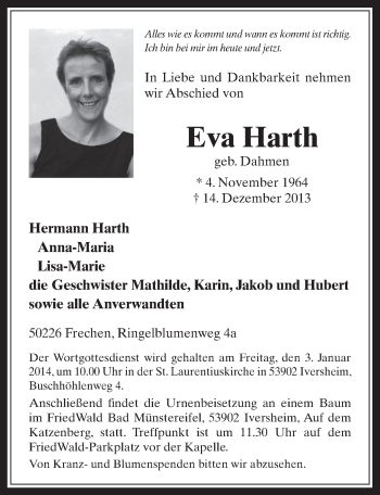 Anzeige von Eva Harth von Wochenende 