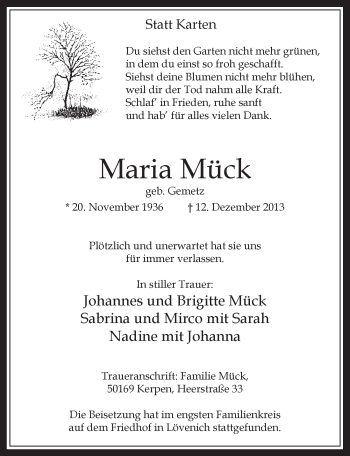 Anzeige von Maria Mück von Kölner Wochenspiegel 