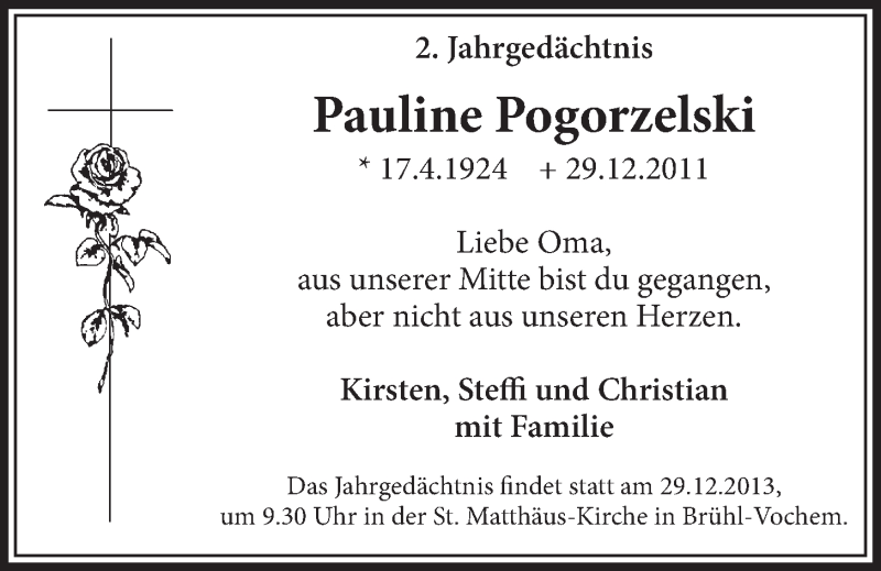  Traueranzeige für Pauline Pogorzelski vom 24.12.2013 aus Schlossbote/Werbekurier 