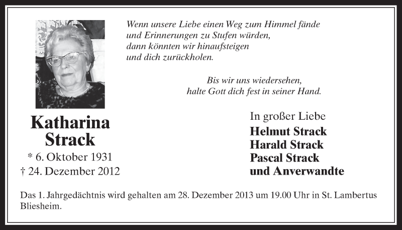  Traueranzeige für Katharina Strack vom 24.12.2013 aus Werbepost 