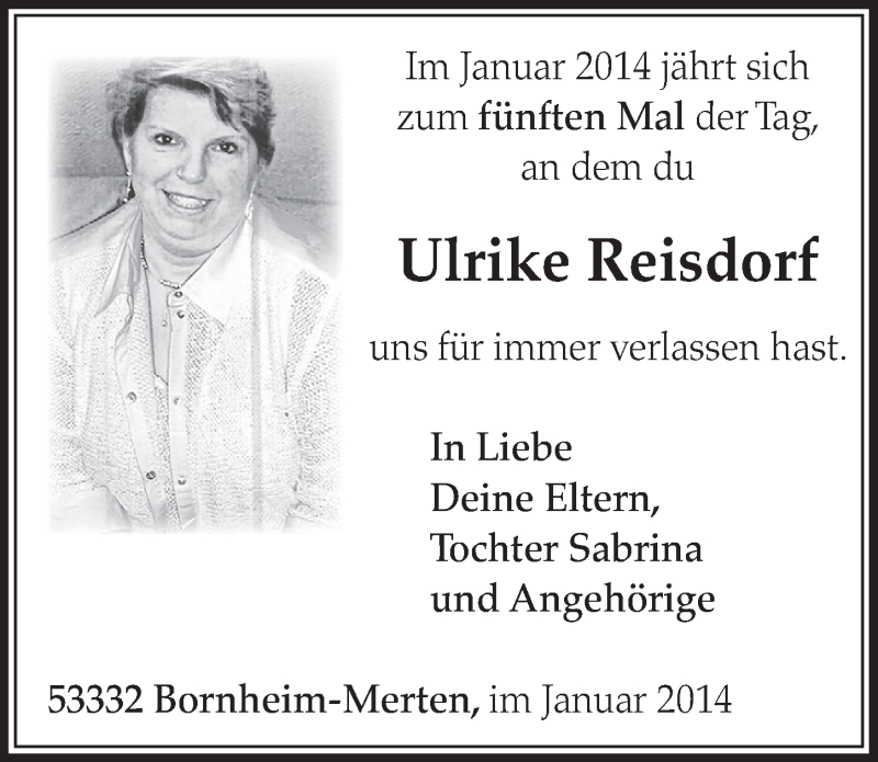  Traueranzeige für Ulrike Reisdorf vom 31.12.2013 aus Schlossbote/Werbekurier 
