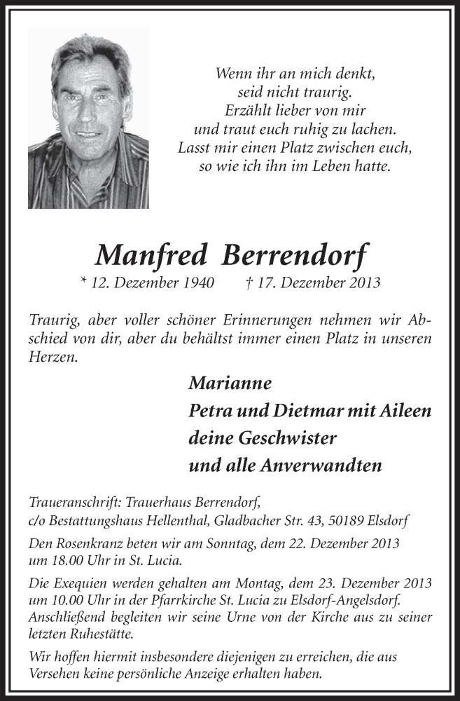  Traueranzeige für Manfred Berrendorf vom 21.12.2013 aus Sonntags-Post