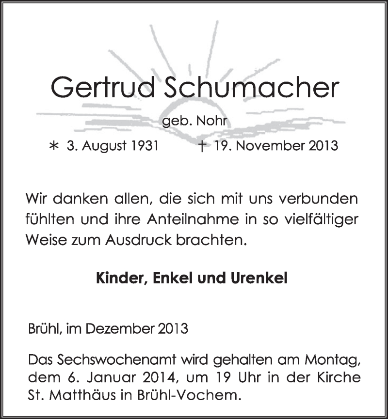  Traueranzeige für Gertrud Schumacher vom 31.12.2013 aus Schlossbote/Werbekurier 
