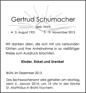Anzeige von Gertrud Schumacher von Schlossbote/Werbekurier 