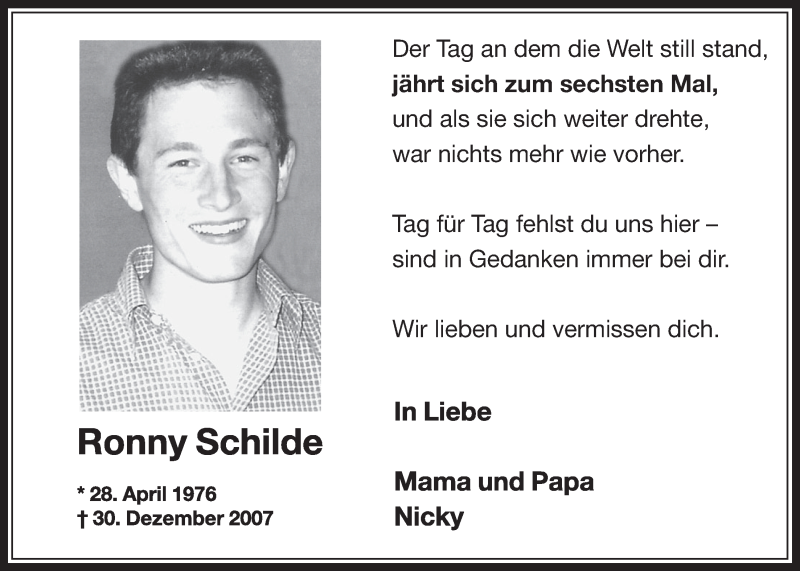  Traueranzeige für Ronny Schilde vom 31.12.2013 aus Wochenende 