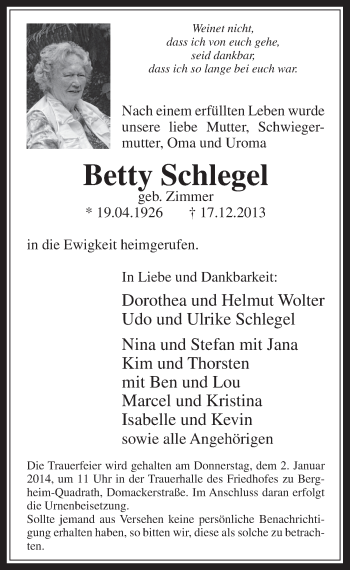 Anzeige von Betty Schlegel von Werbepost 