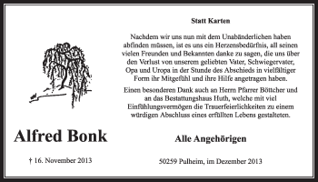Anzeige von Alfrad Bonk von Sonntags-Post