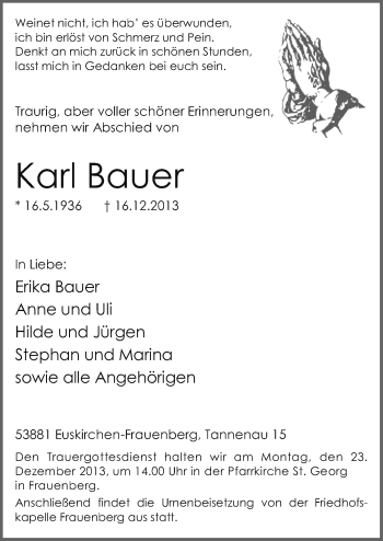 Anzeige von Karl Bauer von Blickpunkt Euskirchen 