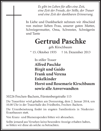 Anzeige von Gertrud Paschke von Sonntags-Post