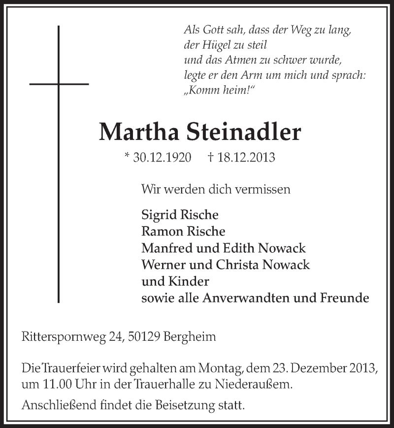  Traueranzeige für Martha Steinadler vom 21.12.2013 aus Sonntags-Post