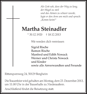 Anzeige von Martha Steinadler von Sonntags-Post