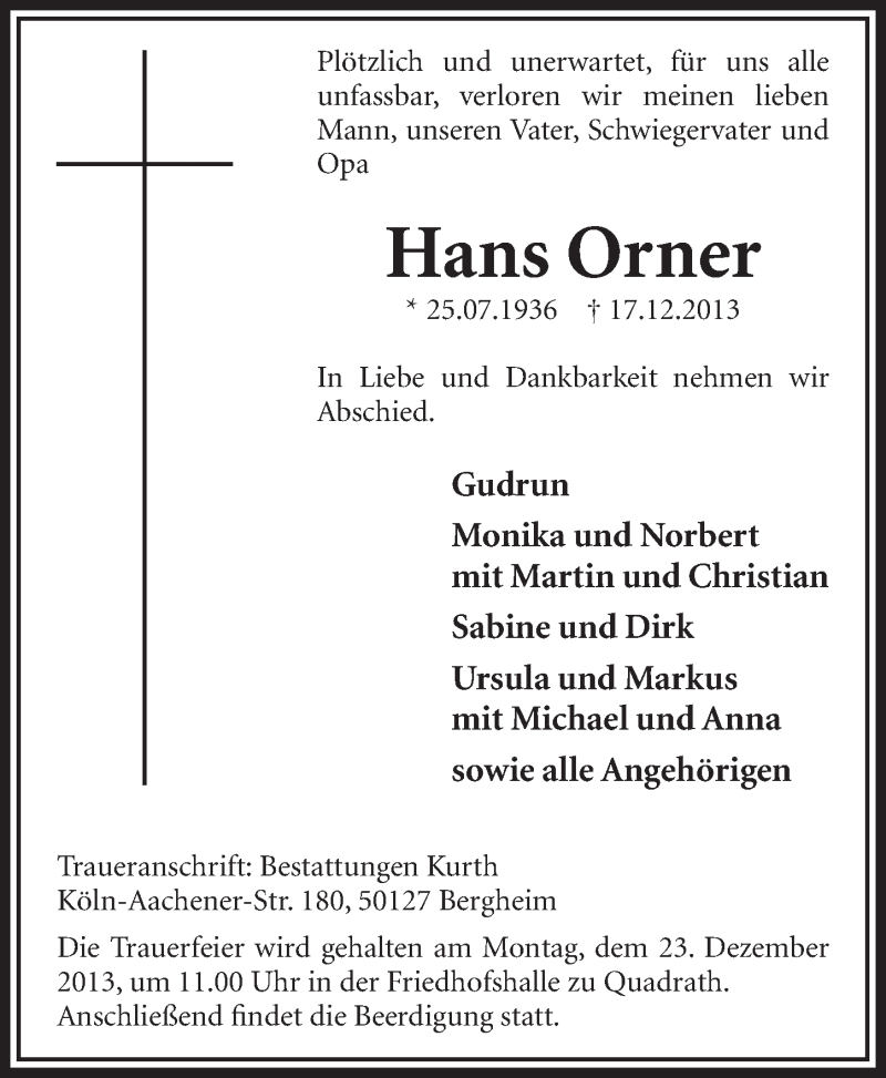  Traueranzeige für Hans Orner vom 21.12.2013 aus Sonntags-Post