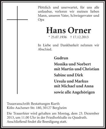 Anzeige von Hans Orner von Sonntags-Post