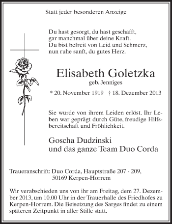 Anzeige von Elisabeth Goletzka von Sonntags-Post
