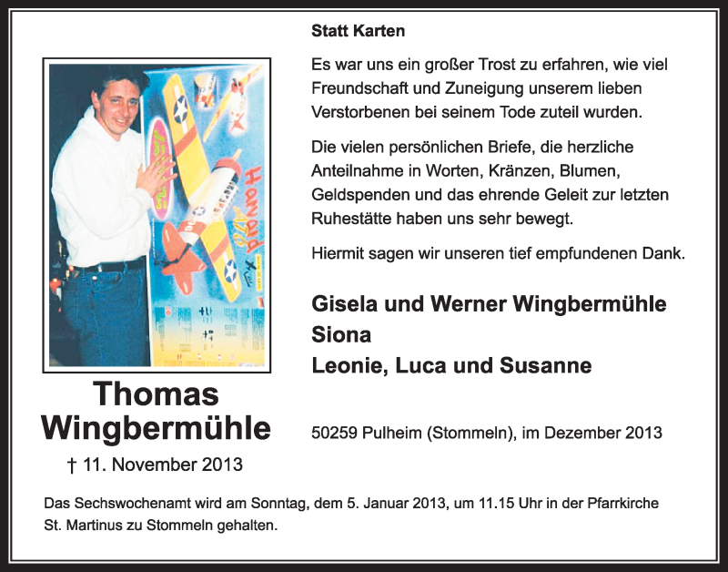  Traueranzeige für Thomas Wingbermühle vom 28.12.2013 aus Sonntags-Post
