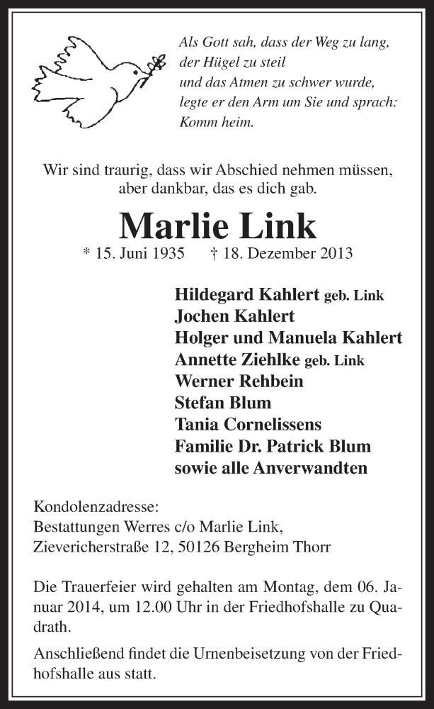  Traueranzeige für Marlie Link vom 31.12.2013 aus Werbepost 