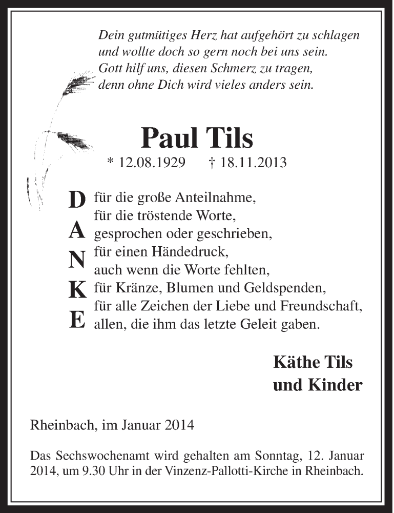  Traueranzeige für Paul Tils vom 08.01.2014 aus  Schaufenster/Blickpunkt 