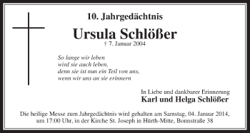 Anzeige von Ursula Schlößer von Wochenende 
