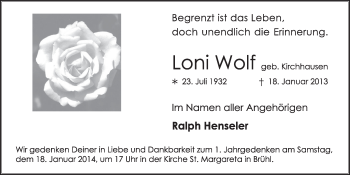 Anzeige von Loni Wolf von  Schlossbote/Werbekurier 
