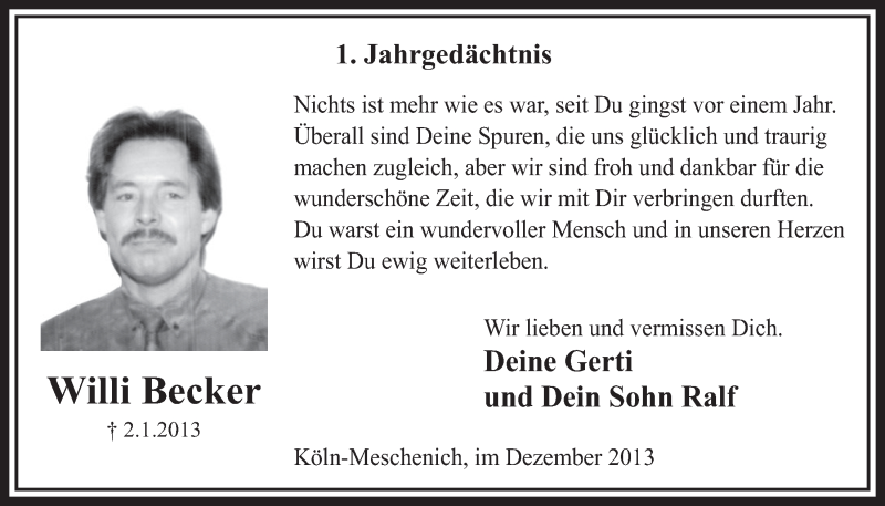  Traueranzeige für Willi Becker vom 31.12.2013 aus Schlossbote/Werbekurier 
