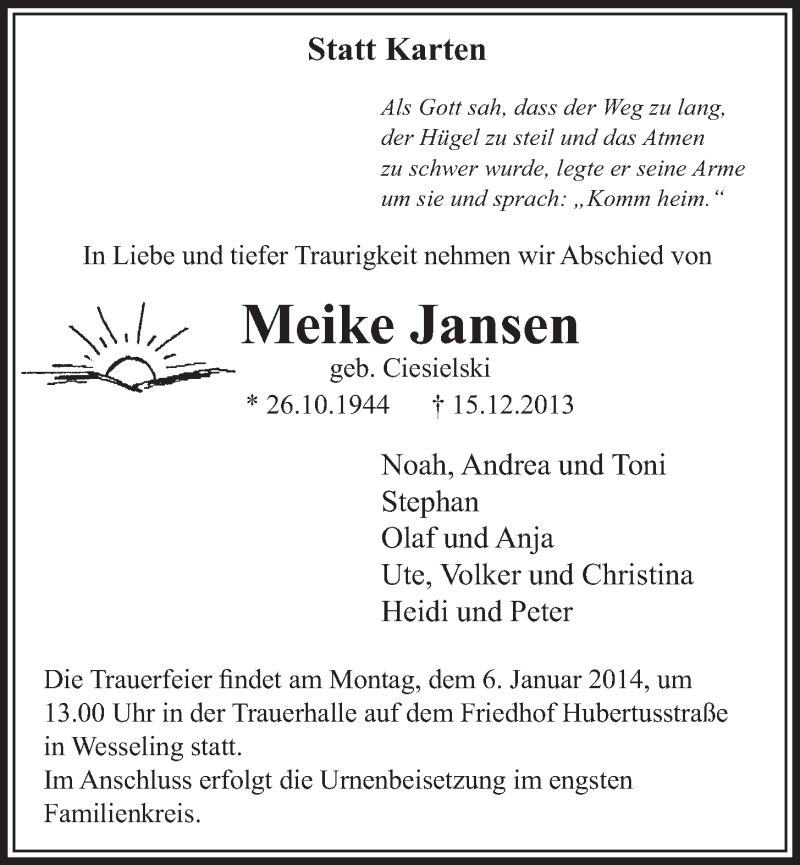  Traueranzeige für Meike Jansen vom 31.12.2013 aus Schlossbote/Werbekurier 