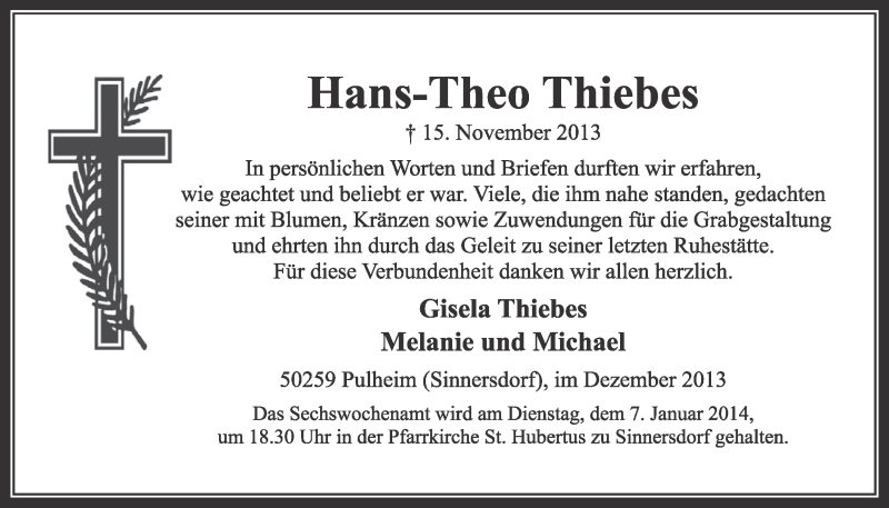  Traueranzeige für Hans-Theo Thiebes vom 04.01.2014 aus Sonntags-Post