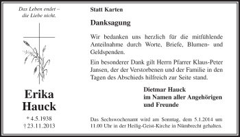 Anzeige von Erika Hauck von Anzeigen Echo Lokalanzeiger 