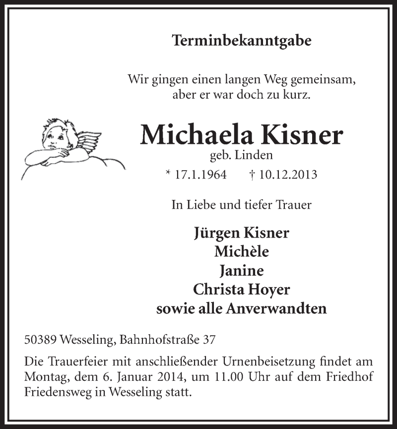  Traueranzeige für Michaela Kisner vom 31.12.2013 aus Schlossbote/Werbekurier 