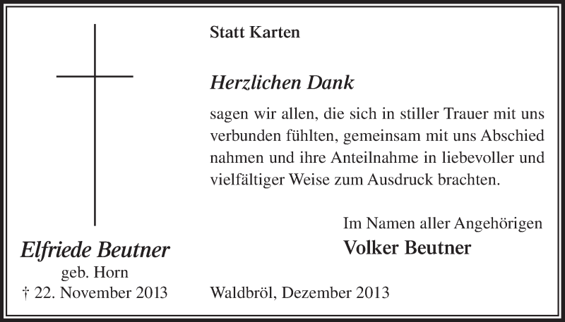  Traueranzeige für Elfriede Beutner vom 31.12.2013 aus Lokalanzeiger 
