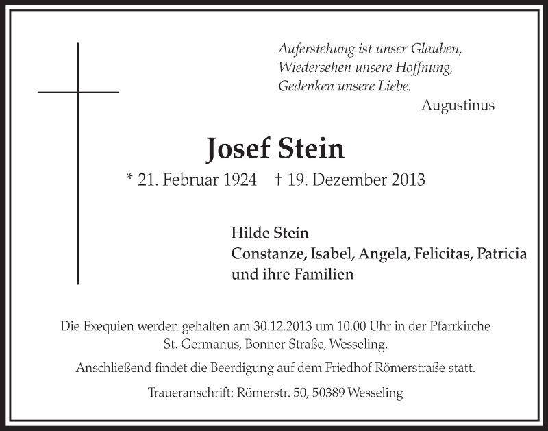  Traueranzeige für Josef Stein vom 31.12.2013 aus Schlossbote/Werbekurier 