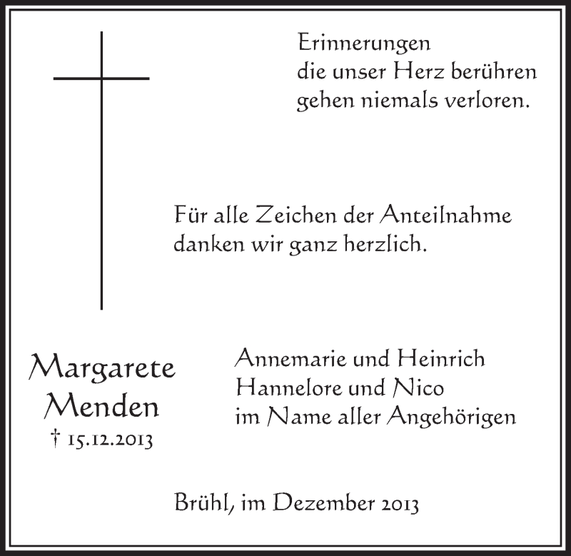 Traueranzeige für Margarete Menden vom 31.12.2013 aus Schlossbote/Werbekurier 