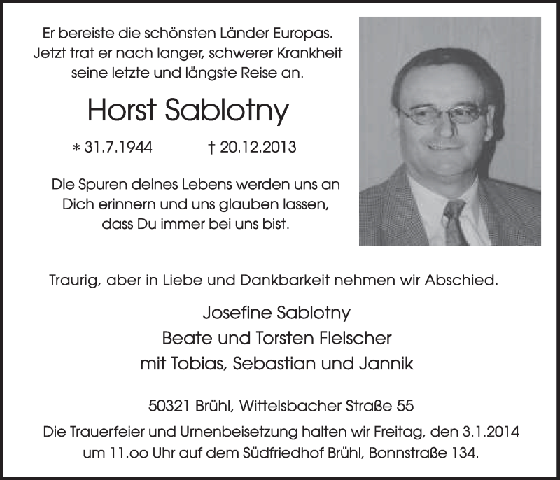  Traueranzeige für Horst Sablotny vom 31.12.2013 aus Schlossbote/Werbekurier 