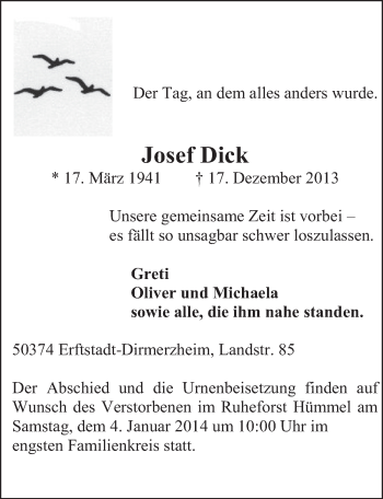 Anzeige von Josef Dick von Werbepost 